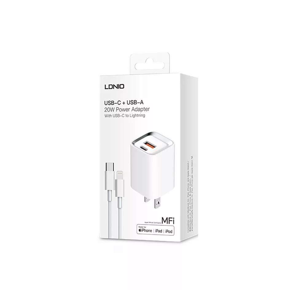 شارژر دیواری 20 وات الدینیو مدل A2318M MFI به همراه کابل لایتنینگ