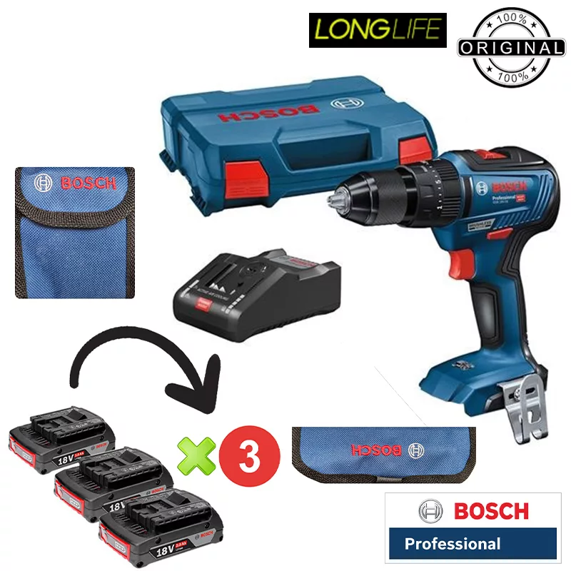 پیچ گوشتی شارژی چکشی 18 ولت بوش مدل فوق هوشمند GSB 18V-50 Brushless + 3 Battery