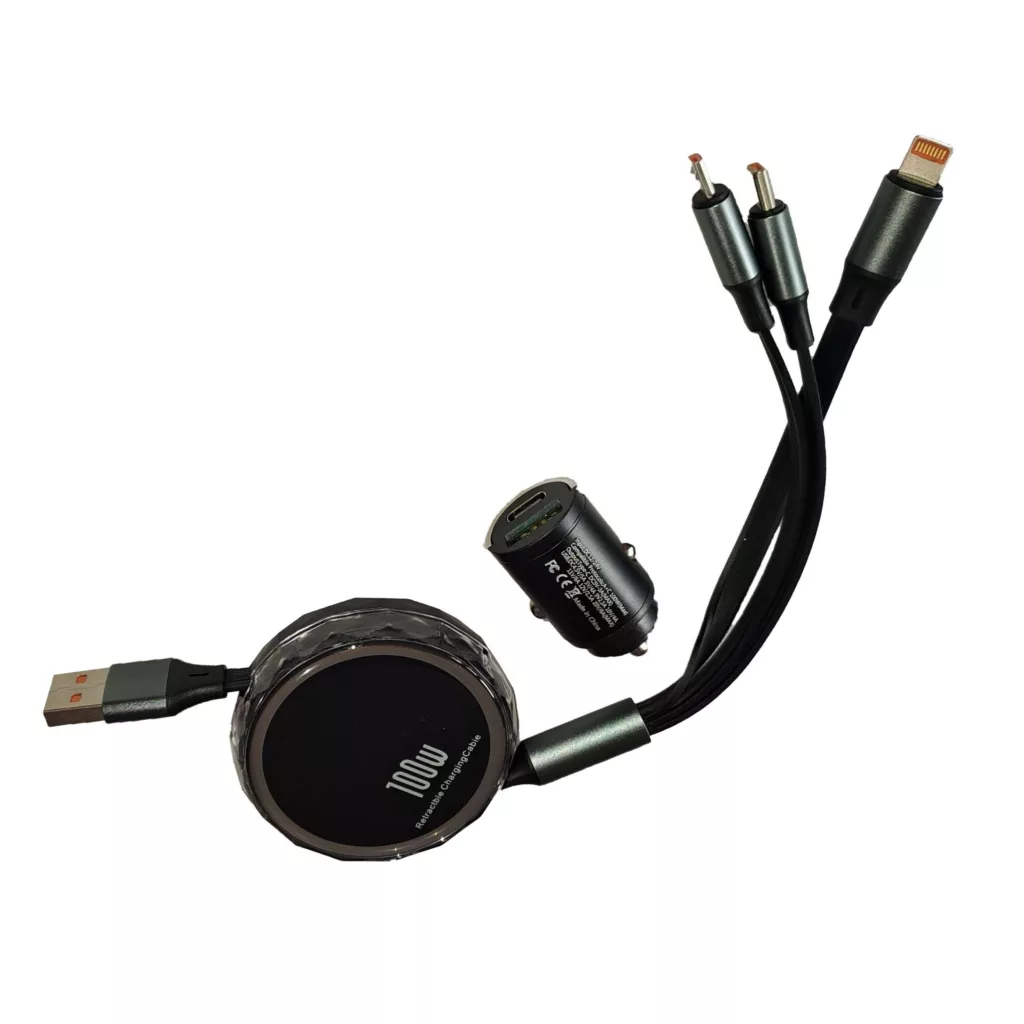 شارژر فندکی 100 وات مدل ML-100 به همراه کابل تبدیل USB به MicroUSB / لایتنینگ / USB-C