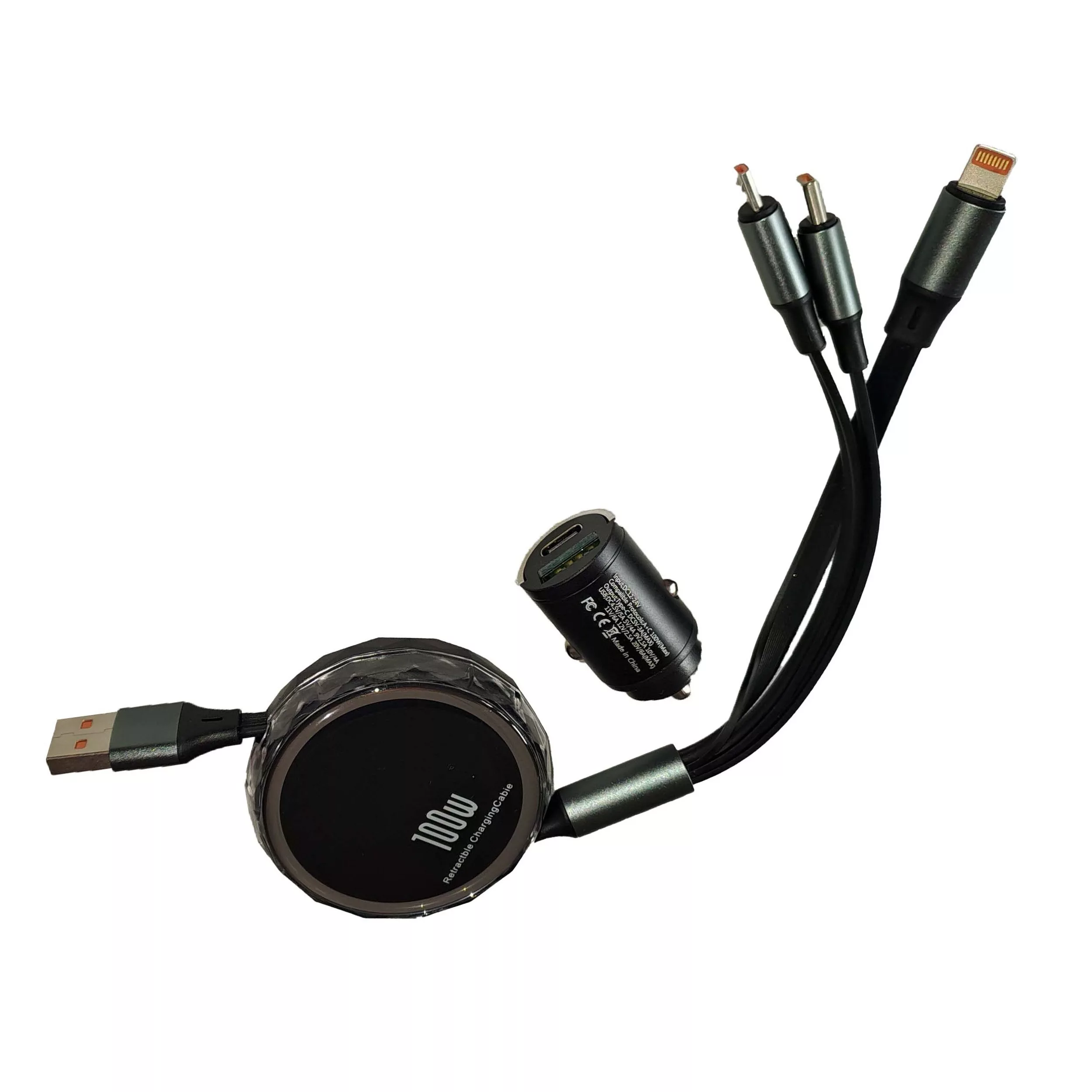 شارژر فندکی 100 وات مدل ML-100 به همراه کابل تبدیل USB به MicroUSB / لایتنینگ / USB-C