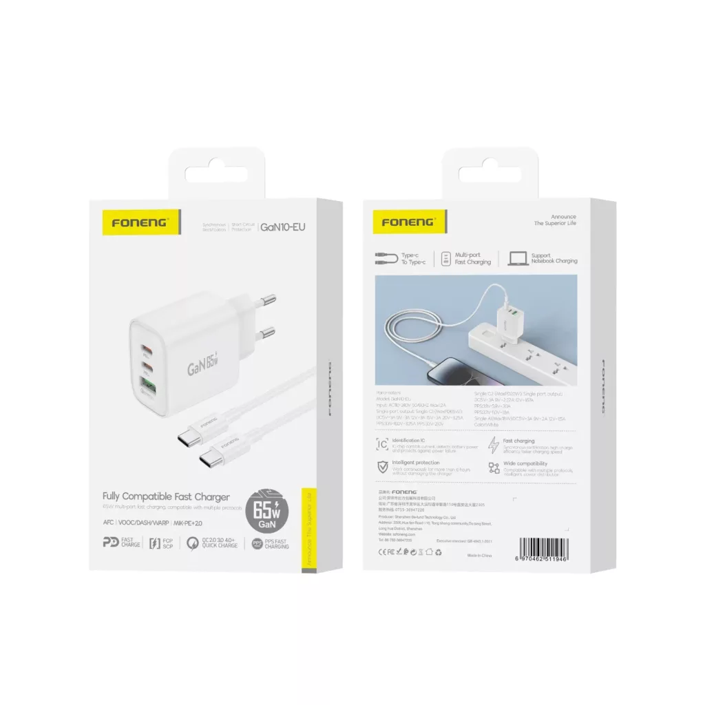 شارژر دیواری 65 وات فوننگ مدل GaN Fast Charger به همراه کابل USB-C