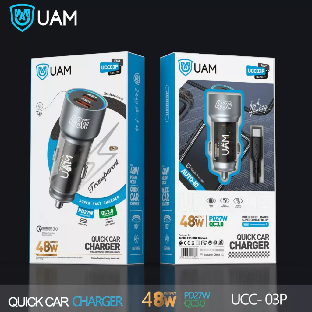 شارژر فندکی 48 وات یو ای ام مدل ucc03p به همراه کابل USB-C