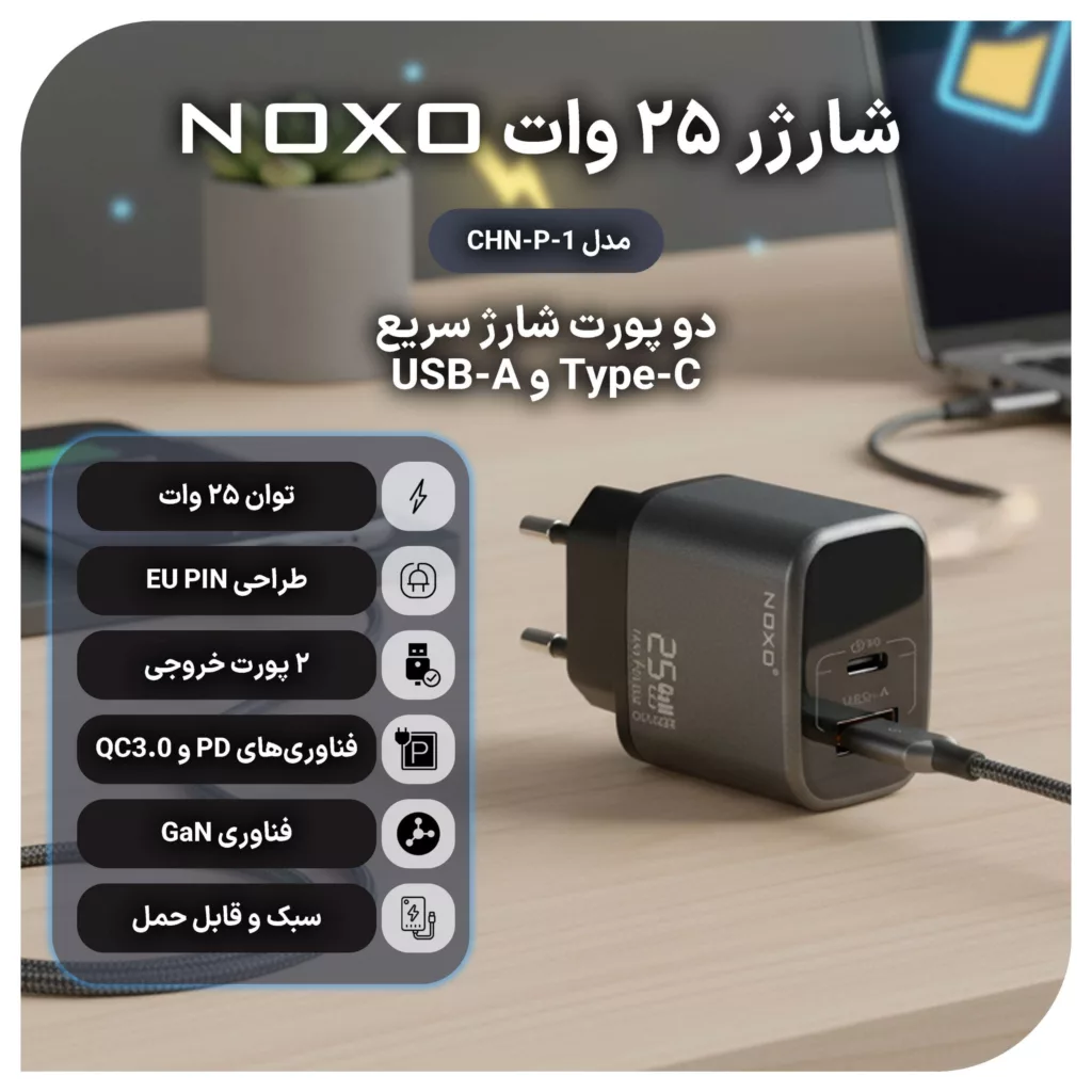 شارژر دیواری ۲۵ وات دو پورت نوکسو مدل CHN-P-1