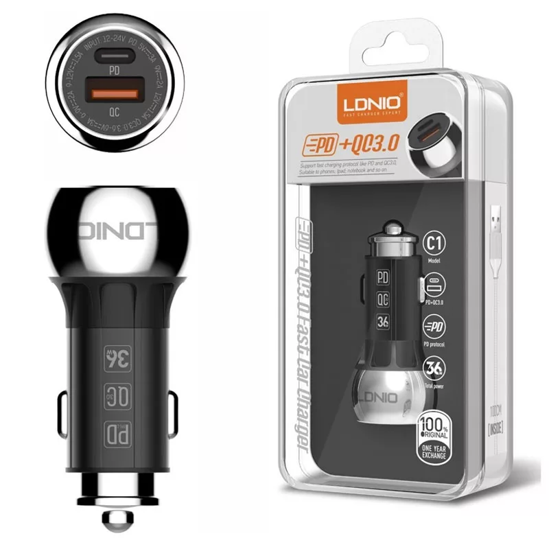 شارژر فندکی الدینیو مدل C1 به همراه کابل تبدیل USB-C