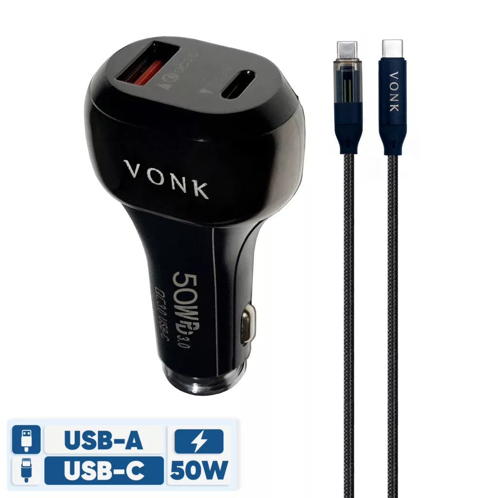 شارژر فندکی 50 وات دو پورت وونک مدل VC–50 به همراه کابل USB-C