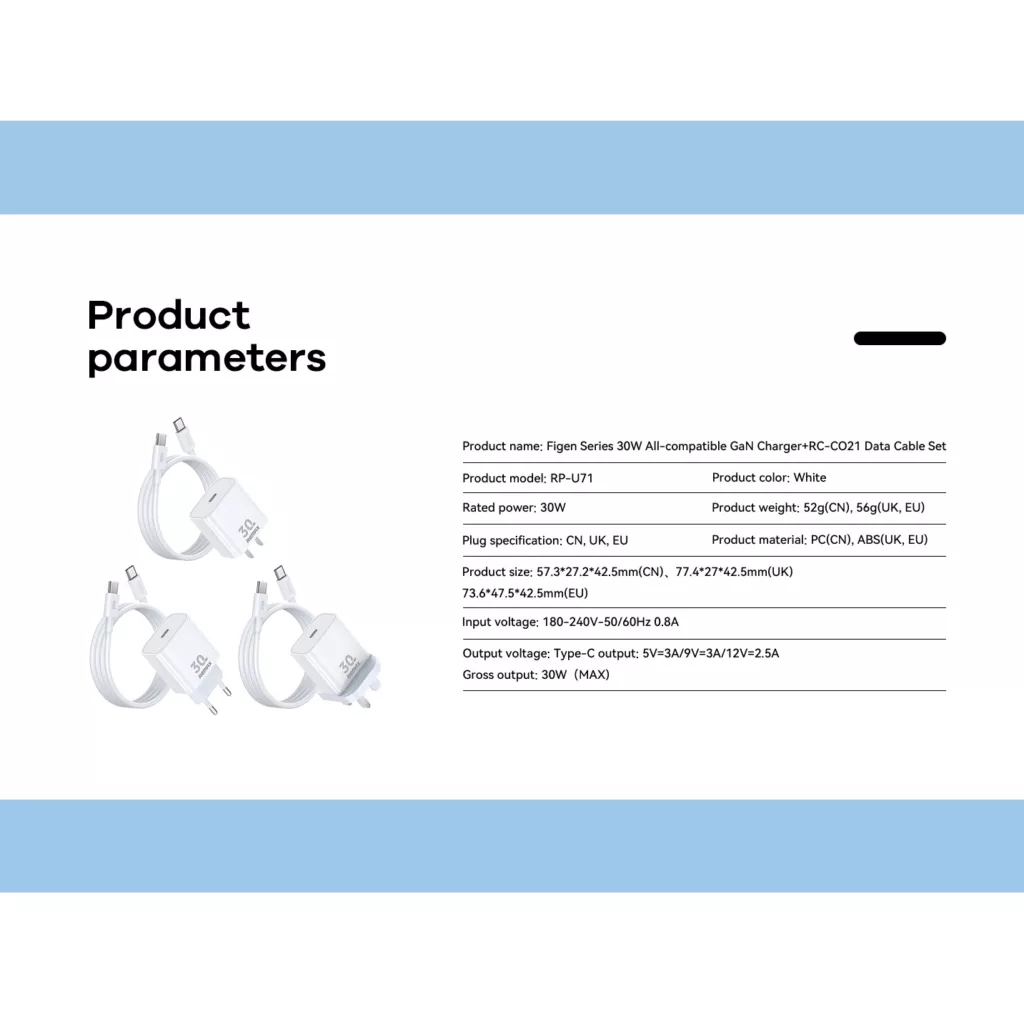 شارژر دیواری 30 وات ریمکس مدل All-compatible GaN-RP-U71 به همراه کابل USB-C