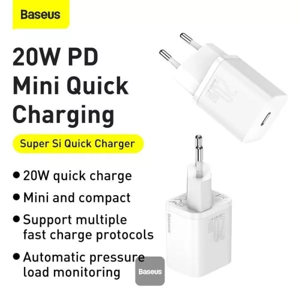 شارژر دیواری باسئوس مدل TZCCSUP-20W به همراه کابل تبدیل لایتنینگ