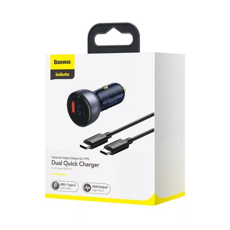 شارژر فندکی باسئوس مدل Dual Quick Charger 65W  به همراه کابل USB-C