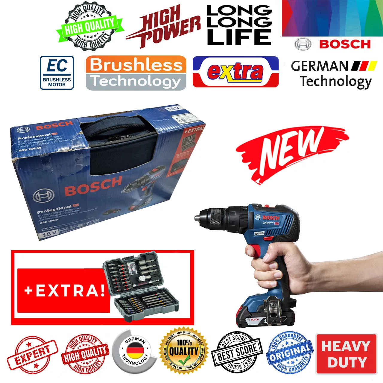 پیچ گوشتی شارژی چکشی بوش مدل GSB 18V-50 EC - BAG Extra