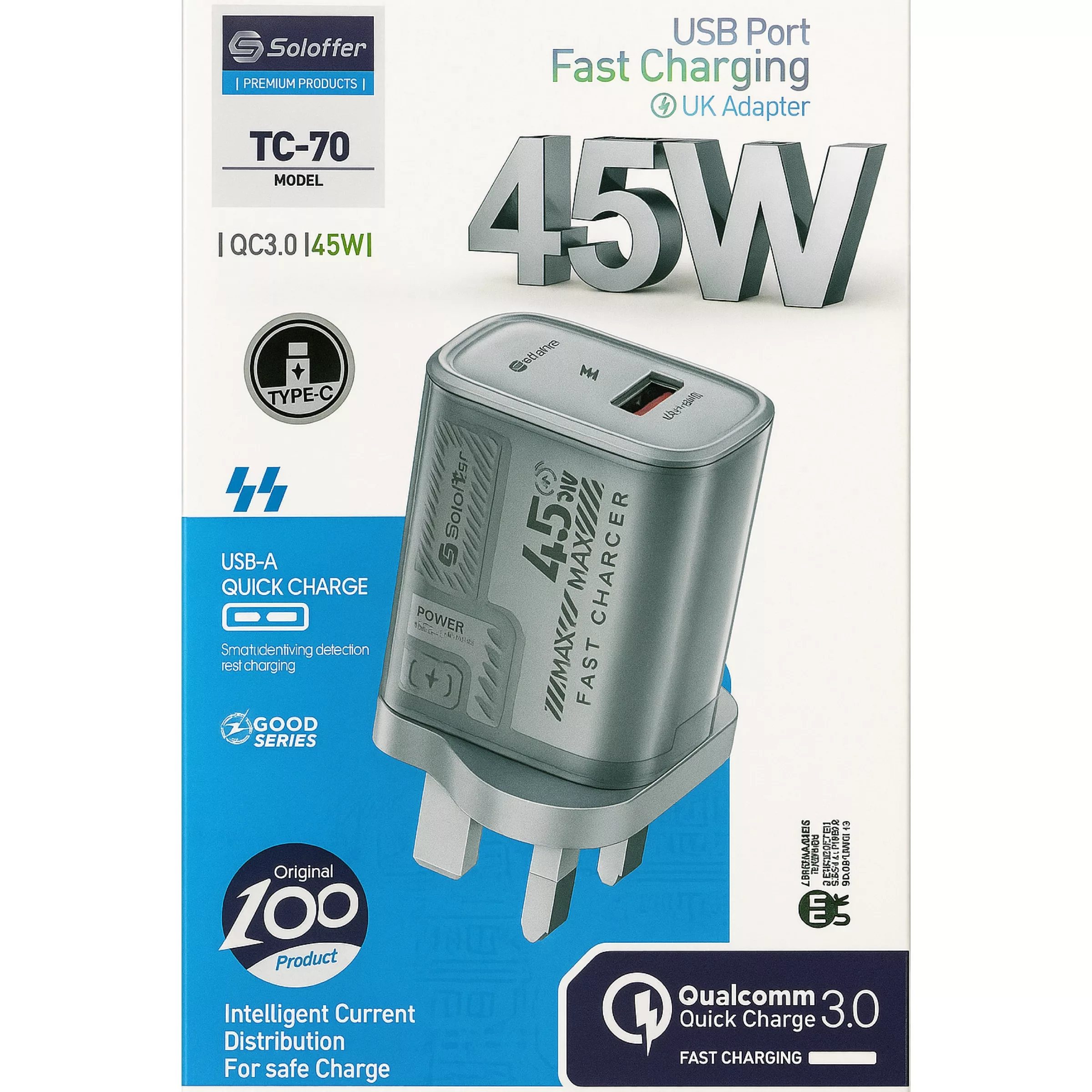 شارژر دیواری 45 وات سولوفر مدل TC-70 Fast charging به همراه کابل تبدیل USB-C