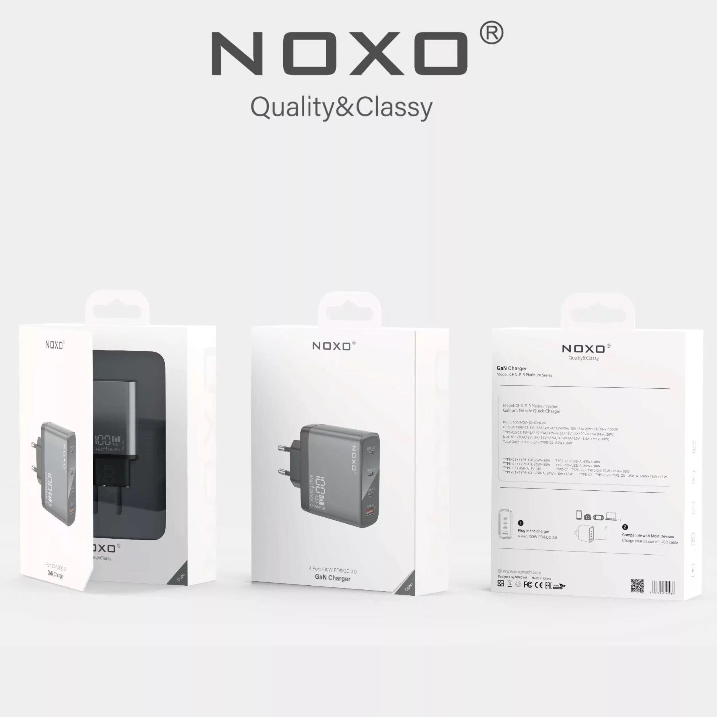 شارژر دیواری 100 وات با 4 پورت خروجی USB-C و USB-A نوکسو مدل CHN-P-3