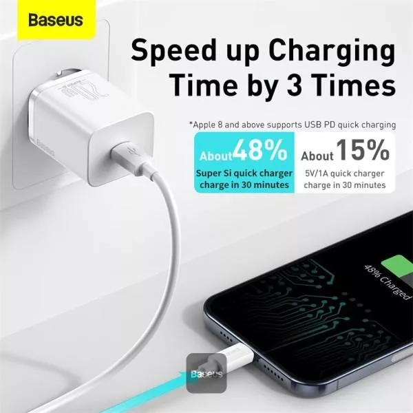 شارژر دیواری باسئوس مدل TZCCSUP-20W به همراه کابل تبدیل لایتنینگ