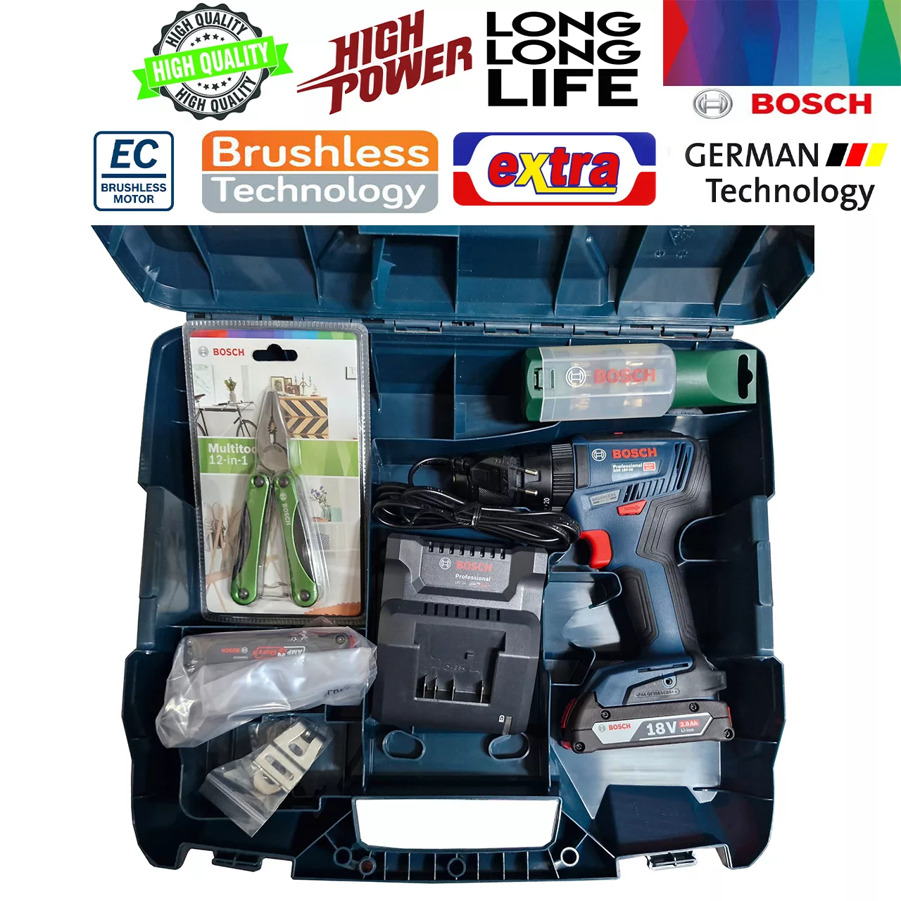 پیچ گوشتی شارژی چکشی بوش مدل فوق حرفه ای GSB 18V-50 Brushless + 2 Extra