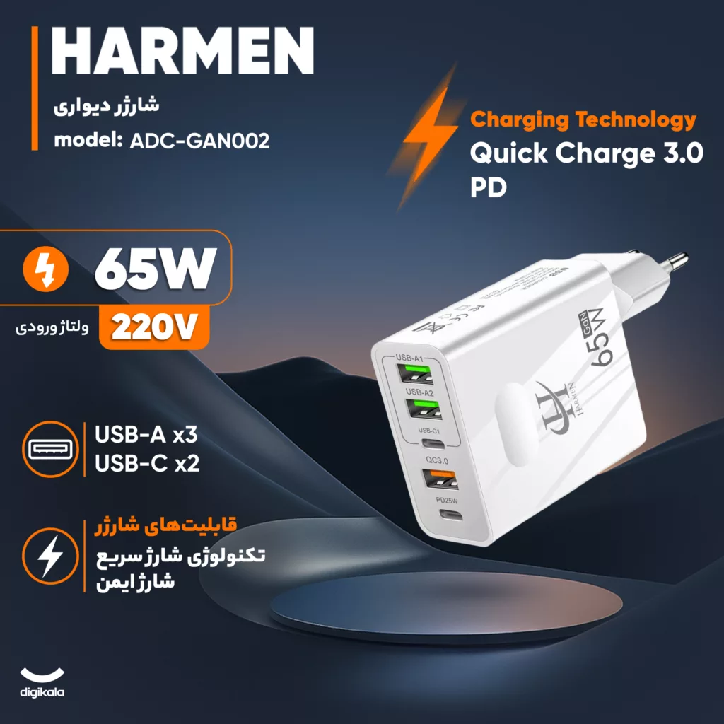 شارژر دیواری 65 وات هارمن مدل ADC-GAN002