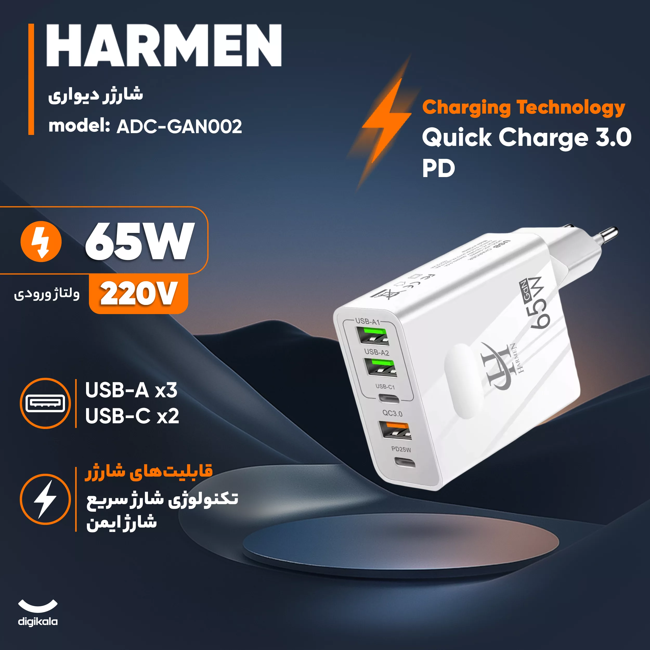 شارژر دیواری 65 وات هارمن مدل ADC-GAN002