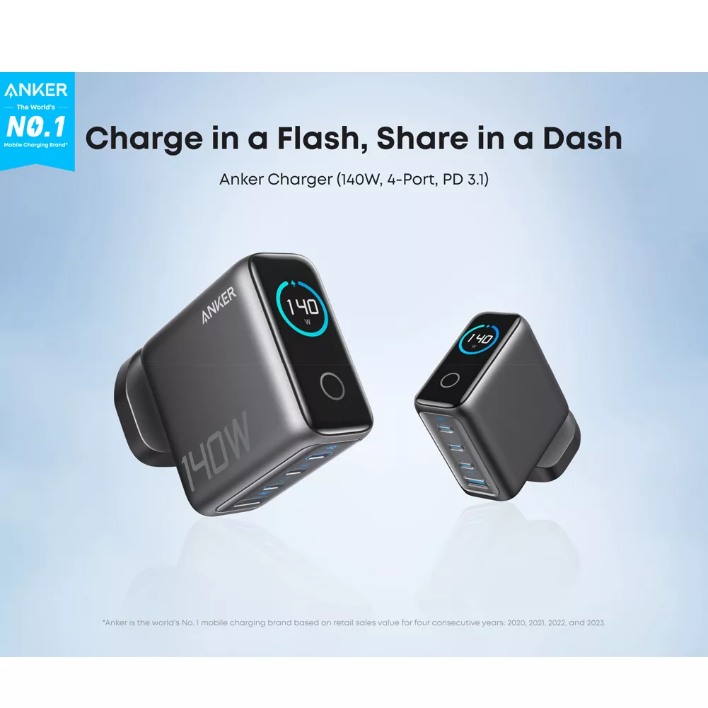 شارژر دیواری 140 وات 4 پورت انکر مدل B0DPKP7RD8 به همراه کابل USB-C به طول 1.5 متر