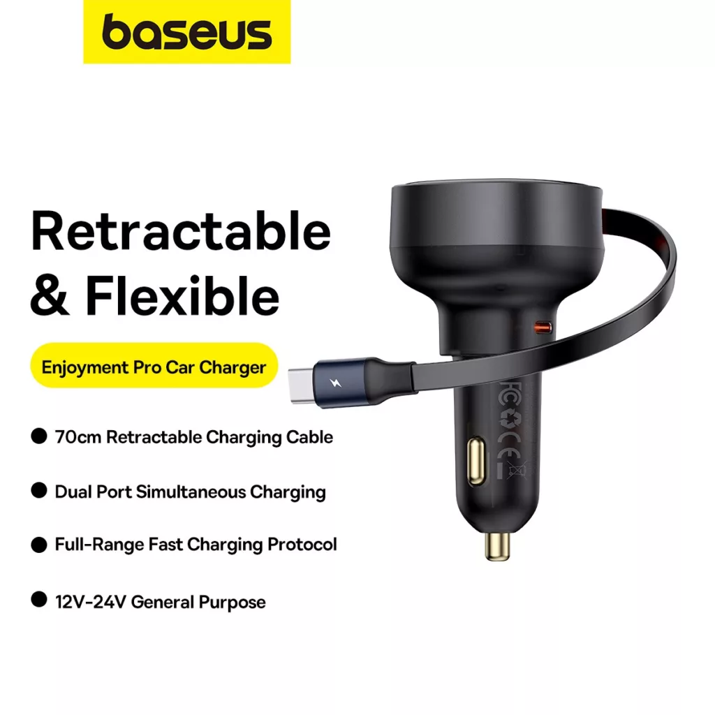 شارژر فندکی 60 وات بیسوس مدل Retractable به همراه کابل USB-C