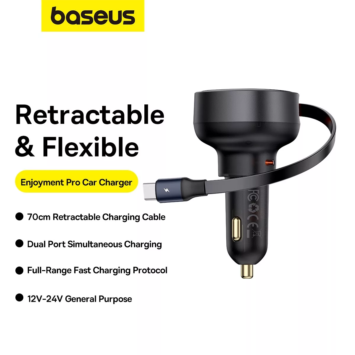 شارژر فندکی 60 وات بیسوس مدل Retractable به همراه کابل USB-C