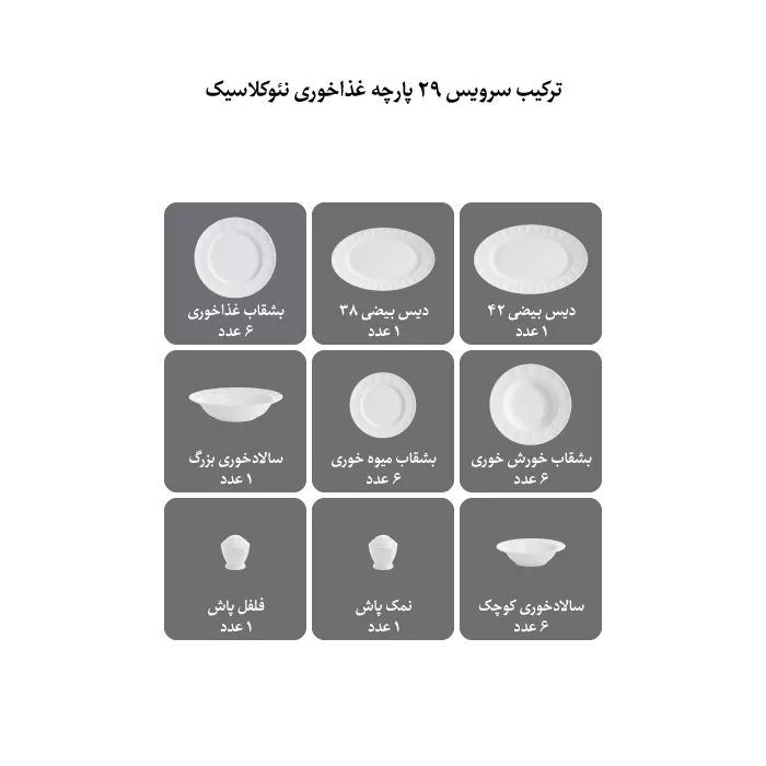 سرویس غذاخوری 29 پارچه چینی زرین ایران مدل نئوکلاسیک کاررا گلد درجه عالی