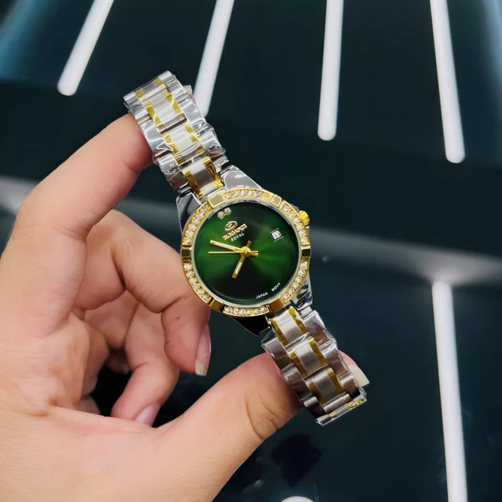 ساعت مچی عقربه‌ای کوارتز زنانه الگانس مدل لوکس بند استیل قاب دور نگین کد E5