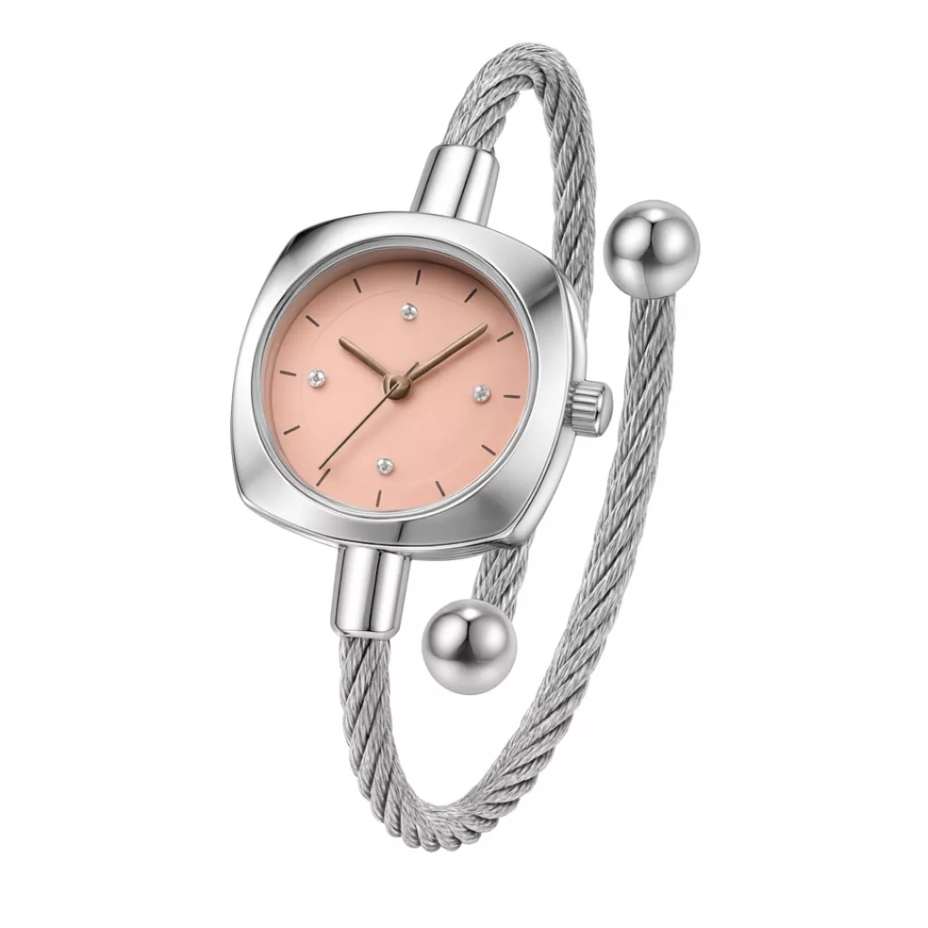 ساعت مچی عقربه‌ای کوارتز زنانه مدل لوکس مینیمال بند النگویی صفحه نگین دار کد ۱