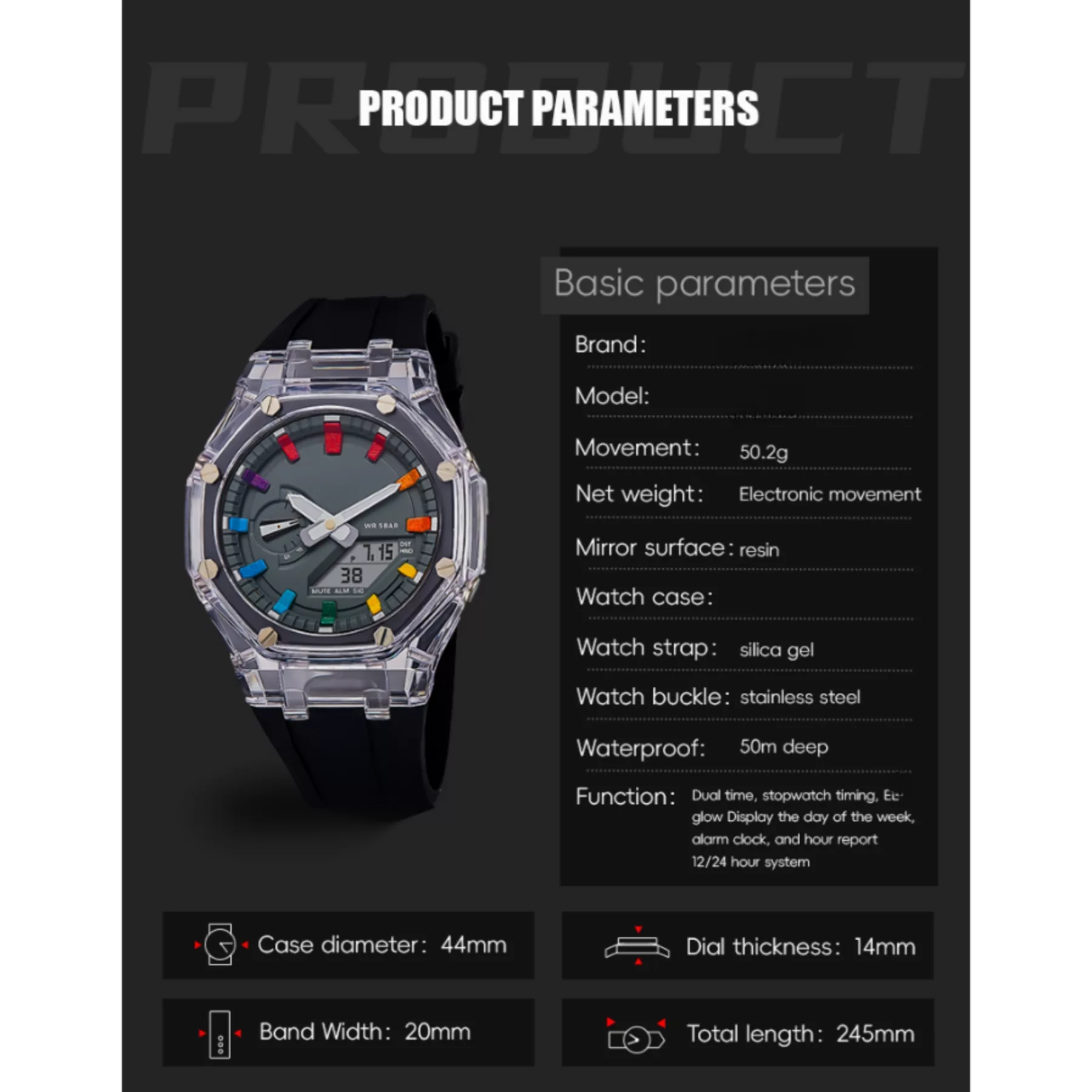 ساعت مچی عقربه ای مدل دو زمانه کرنومتر دار بند سیلیکونی موتور پمپی کد 2