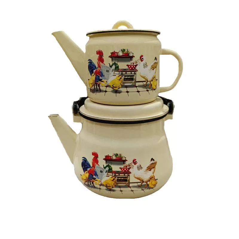 ست کتری و قوری لعابی مدل خروس گنجایش کتری 2.5 لیتر گنجایش قوری 1 لیتر