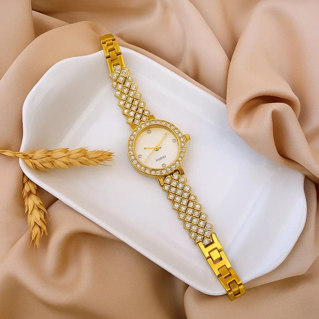 ساعت مچی عقربه‌ای کوارتز زنانه مدل لوکس بند دستبندی فول نگین کد 001