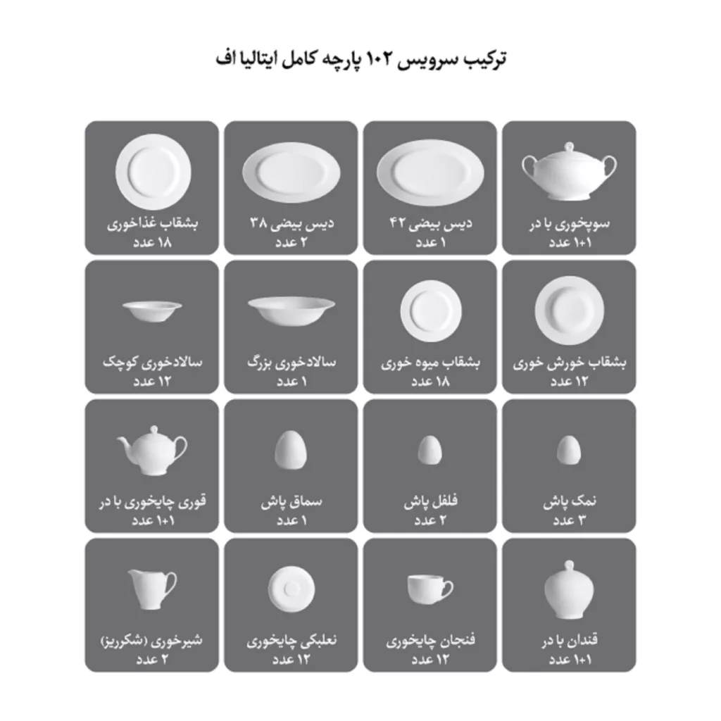 سرویس چینی 102 پارچه کامل چینی زرین ایران مدل ایتالیا اف  فلورانس  درجه عالی