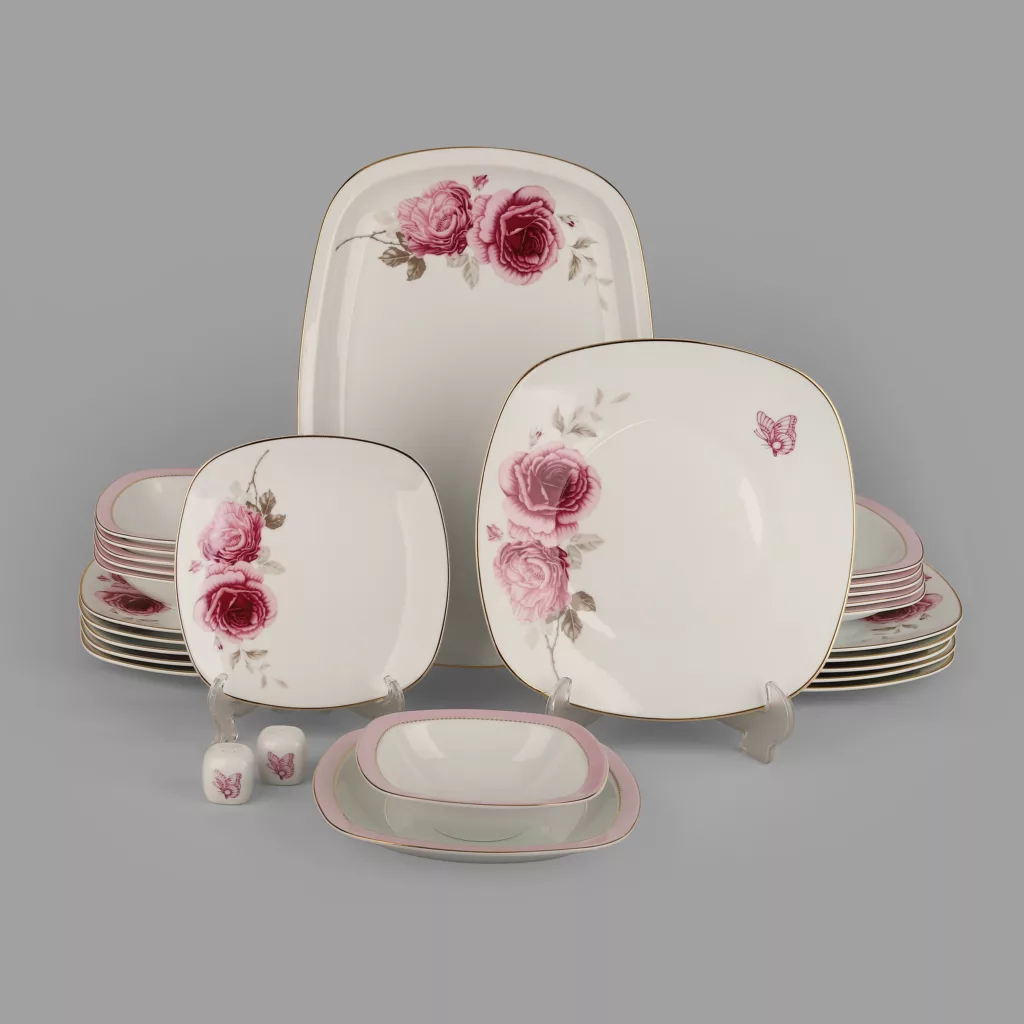 سرویس غذاخوری 27 پارچه 6 نفر چینی زرین ایران مدل رزفلاور سری کواترو درجه عالی