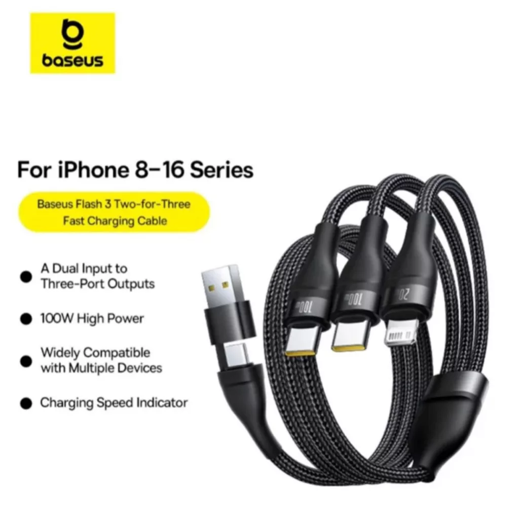 کابل تبدیل USB/USB-C به لایتنینگ/USB-C بیسوس مدل Flash Series 3 100W طول 1.5 متر