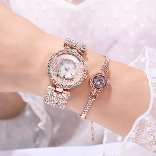 ساعت مچی عقربه ای زنانه مدل دور شنی بند نگینی فول استون 3