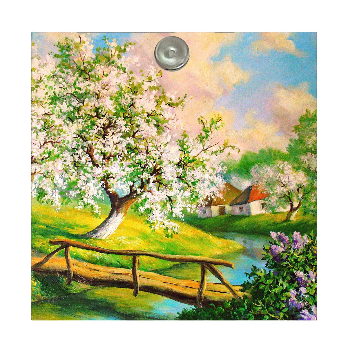 آینه جیبی طرح نقاشی جنگل و رود و کلبه و درخت بهاری مدل A128