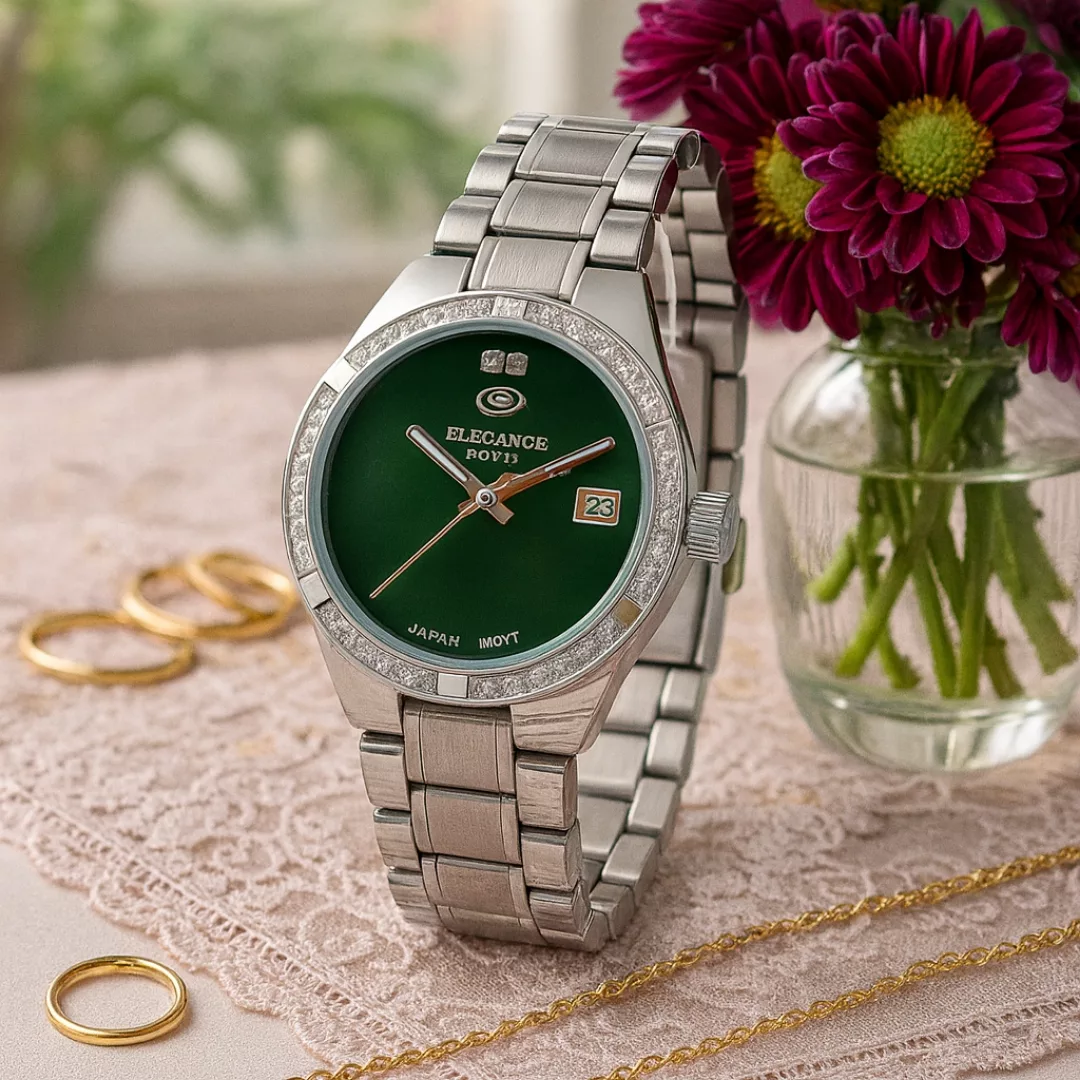 ساعت مچی عقربه‌ای کوارتز زنانه الگانس مدل لوکس بند استیل قاب دور نگین کد E2