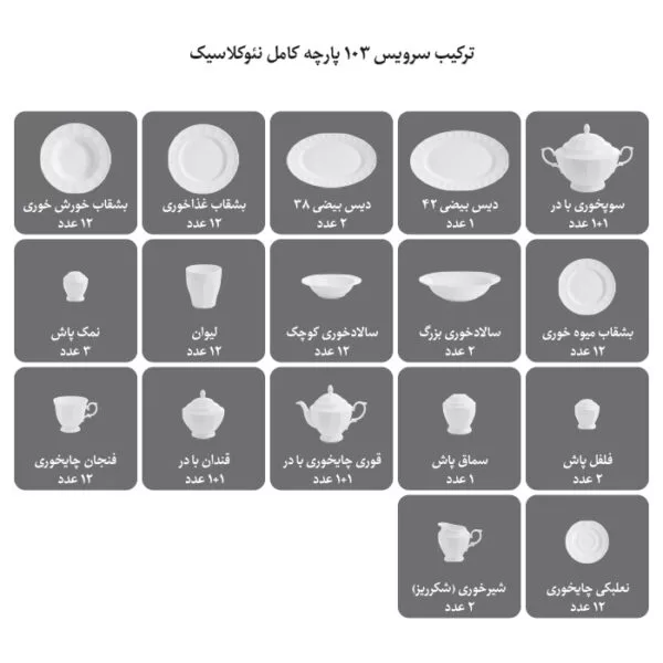 سرویس غداخوری 103 پارچه چینی زرین ایران سری نئوکلاسیک مدل النور کد 0128 درجه عالی
