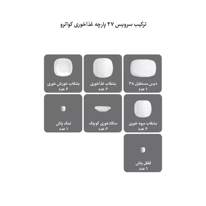 سرویس غذاخوری27 پارچه کواترو چینی زرین ایران مدل سمن درجه عالی