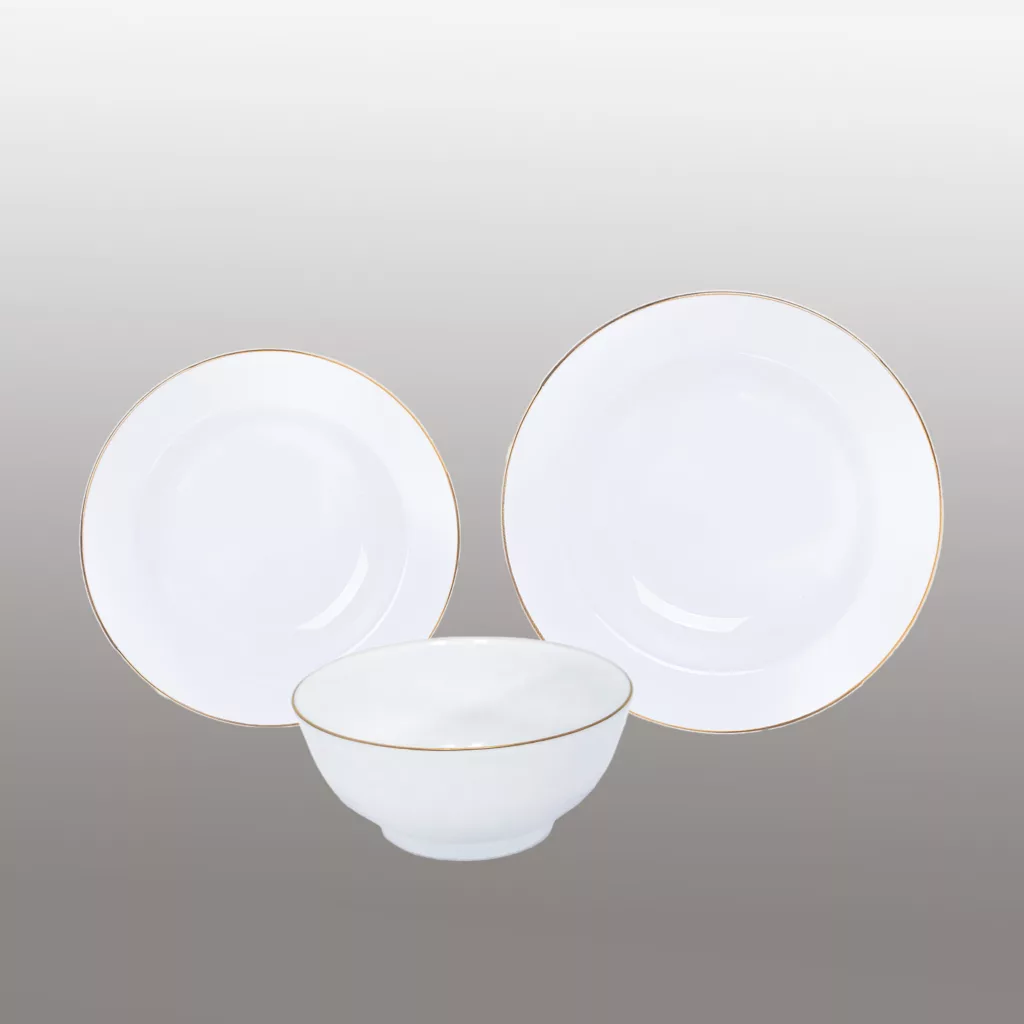 سرویس غذا خوری 18 پارچه شرکت صنایع چینی تقدیس مدل خط طلا گرد کد 110