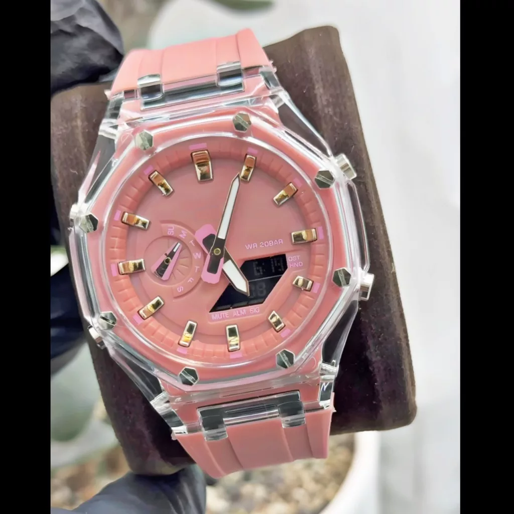 ساعت مچی عقربه ای مدل دو زمانه پمپی قاب شفاف کد golb