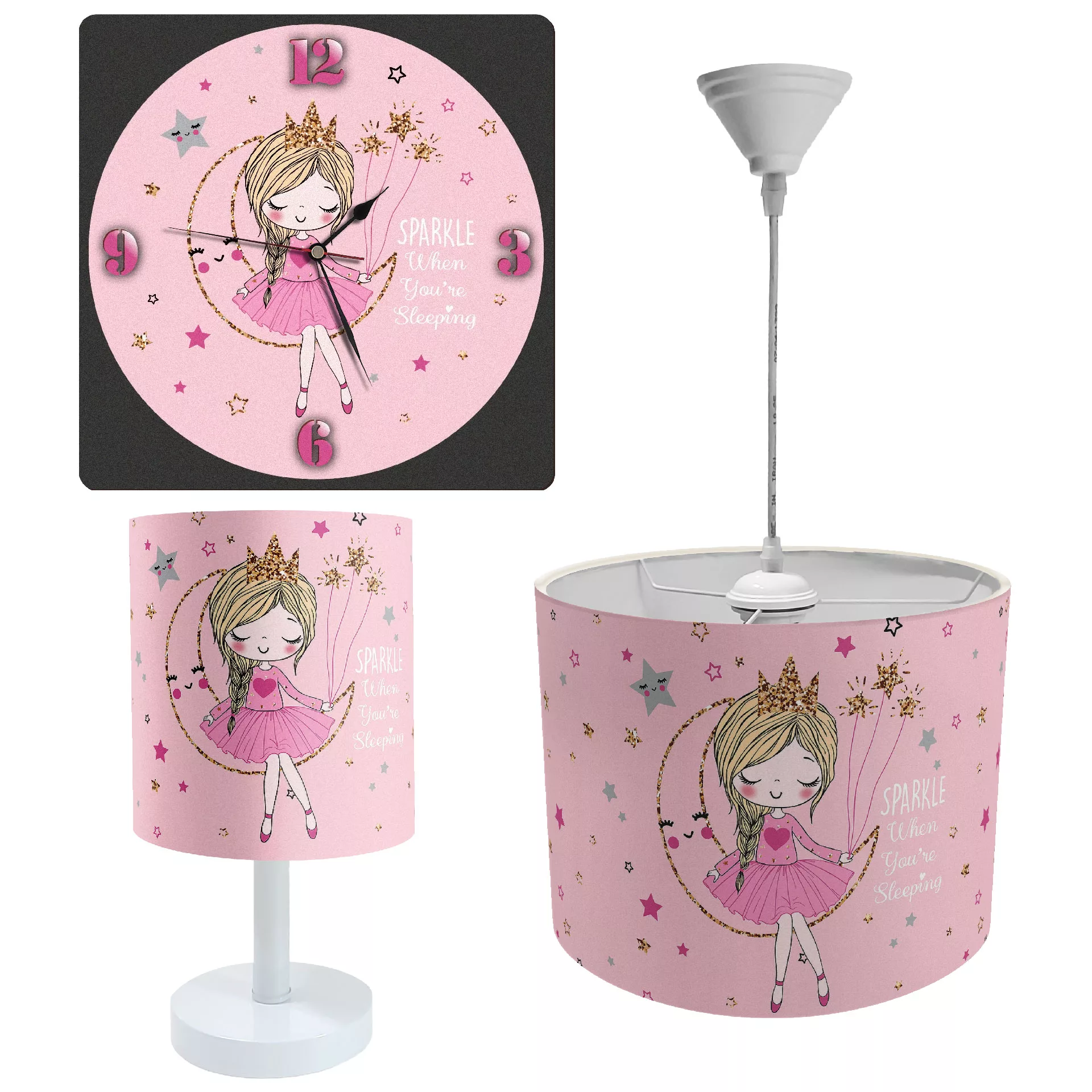 لوستر و آباژور کودک طرح پرنسس و ماه مدل SET-028 به همراه ساعت