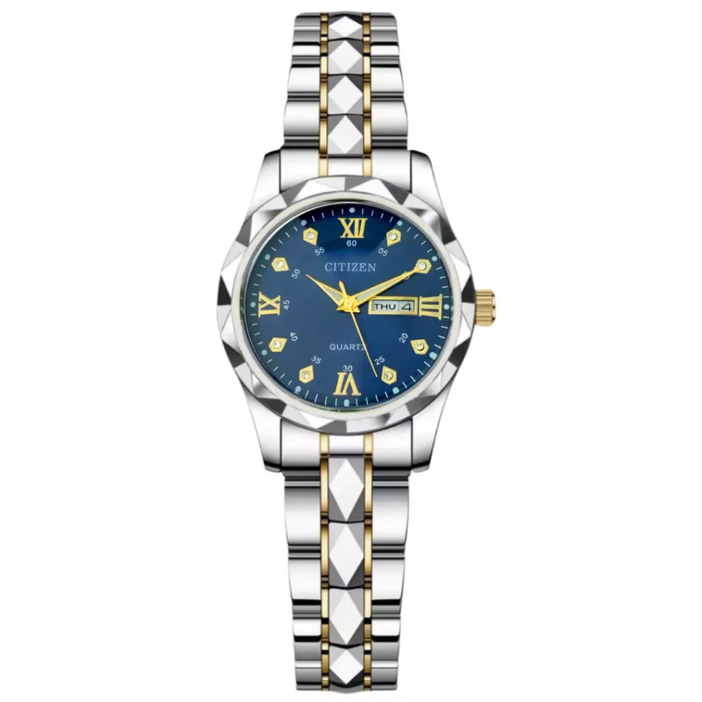 ساعت مچی عقربه‌ای کوارتز زنانه مدل دو تقویم دی دیت الماسی کد 09