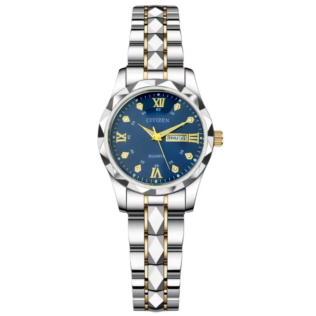 ساعت مچی عقربه‌ای کوارتز زنانه مدل دو تقویم دی دیت الماسی کد 09