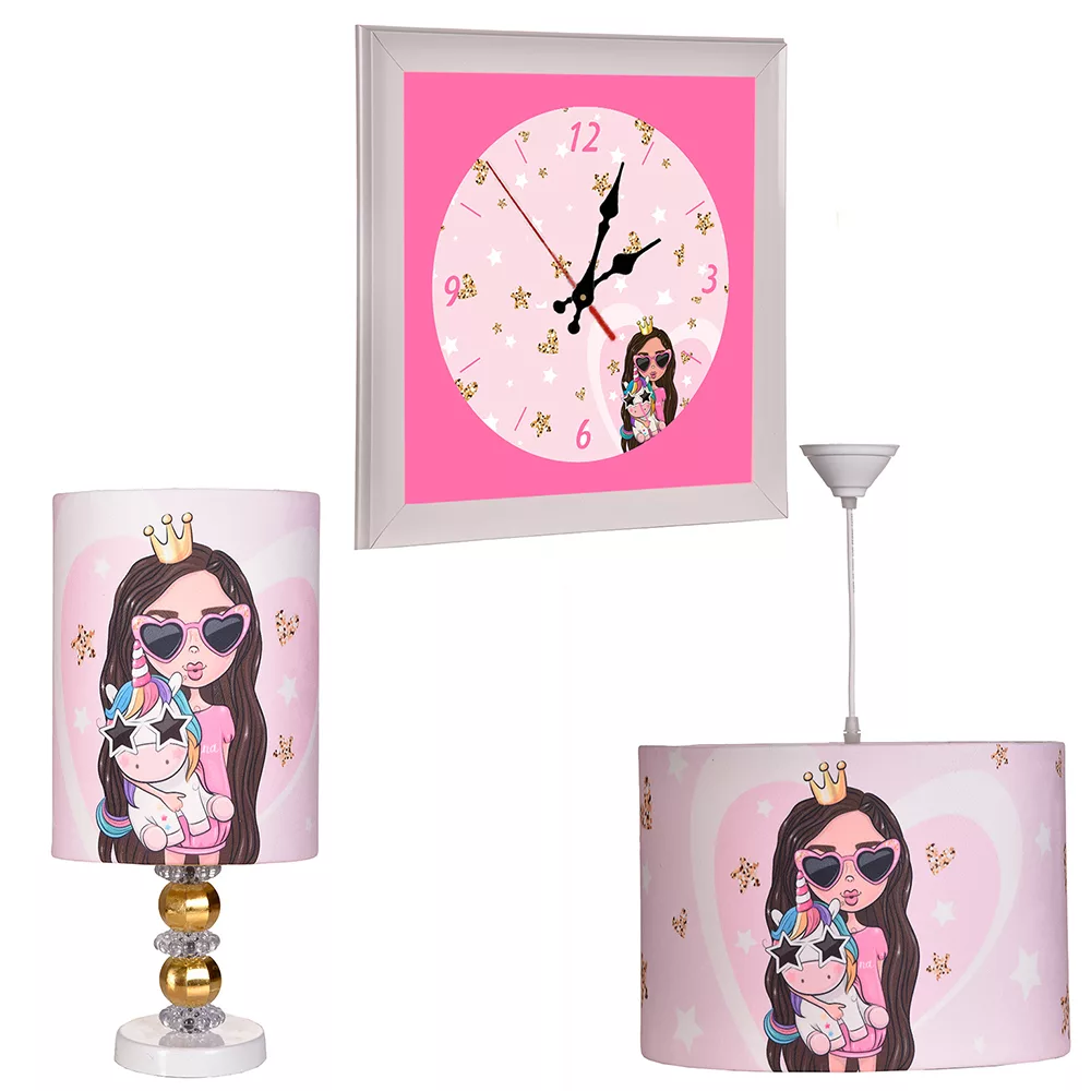 لوستر کودک مدل دختر لاکچری و تک شاخ به همراه ساعت و آباژور