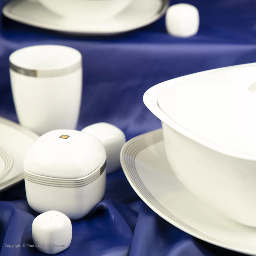 سرویس غذاخوری 98 پارچه چینی زرین ایران سری کواترو مدل وگاس اوریت درجه یک