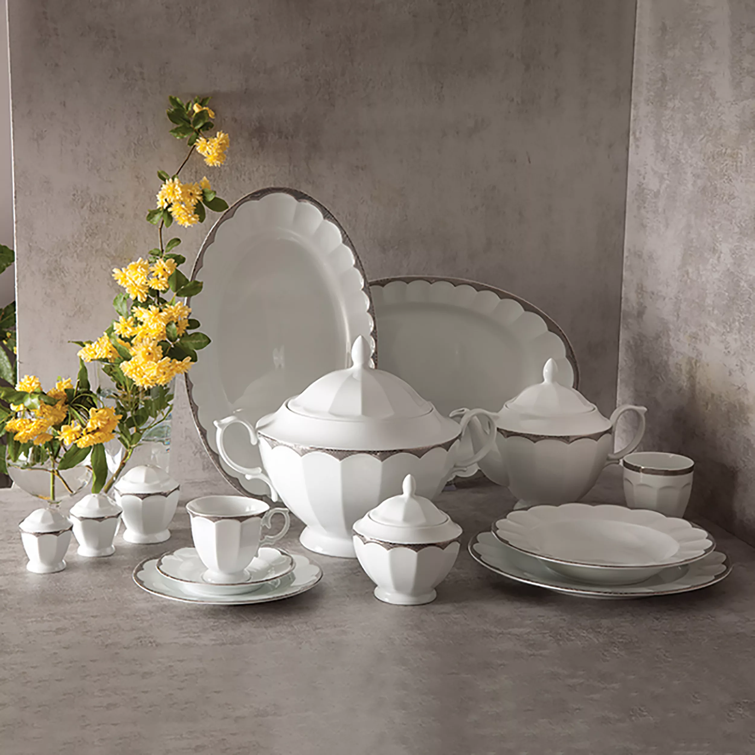 سرویس غذاخوری 103 پارچه چینی زرین ایران سری نئوکلاسیک مدل ایساتیس پلاتینی درجه عالی