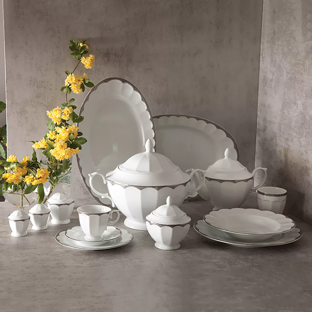 سرویس غذاخوری 103 پارچه چینی زرین ایران سری نئوکلاسیک مدل ایساتیس پلاتینی درجه یک