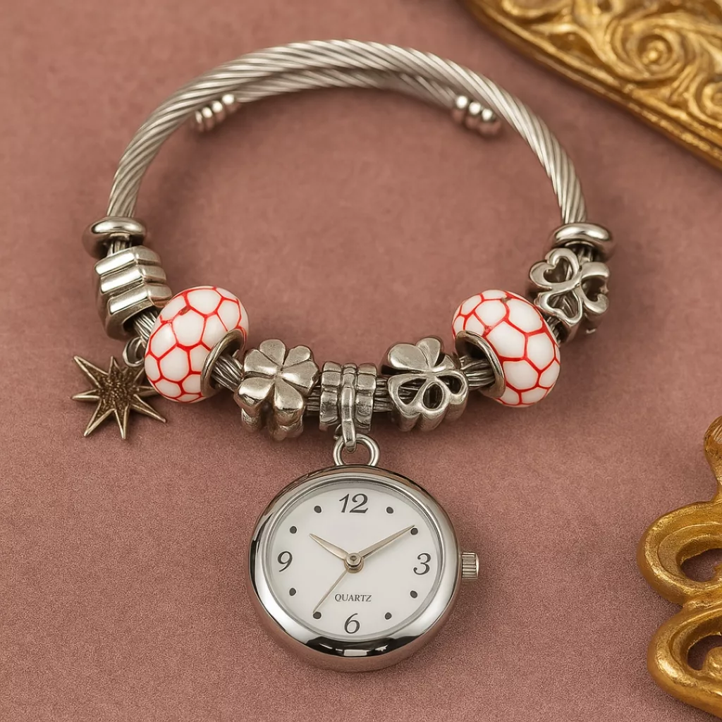 ساعت مچی عقربه‌ای کوارتز زنانه مدل لوکس مینیمال بند النگویی آویز دار کد ۲