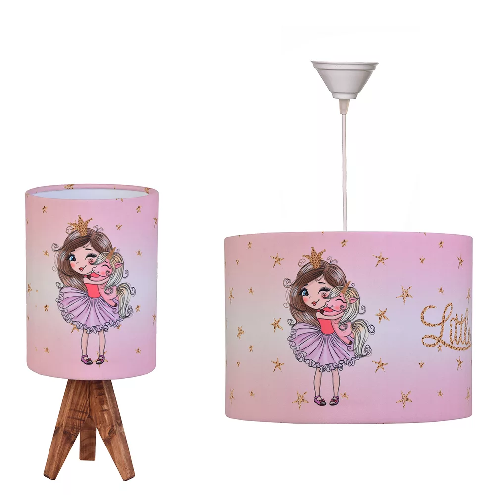 لوستر کودک مدل دختر و اسب تک شاخ به همراه آباژور رومیزی