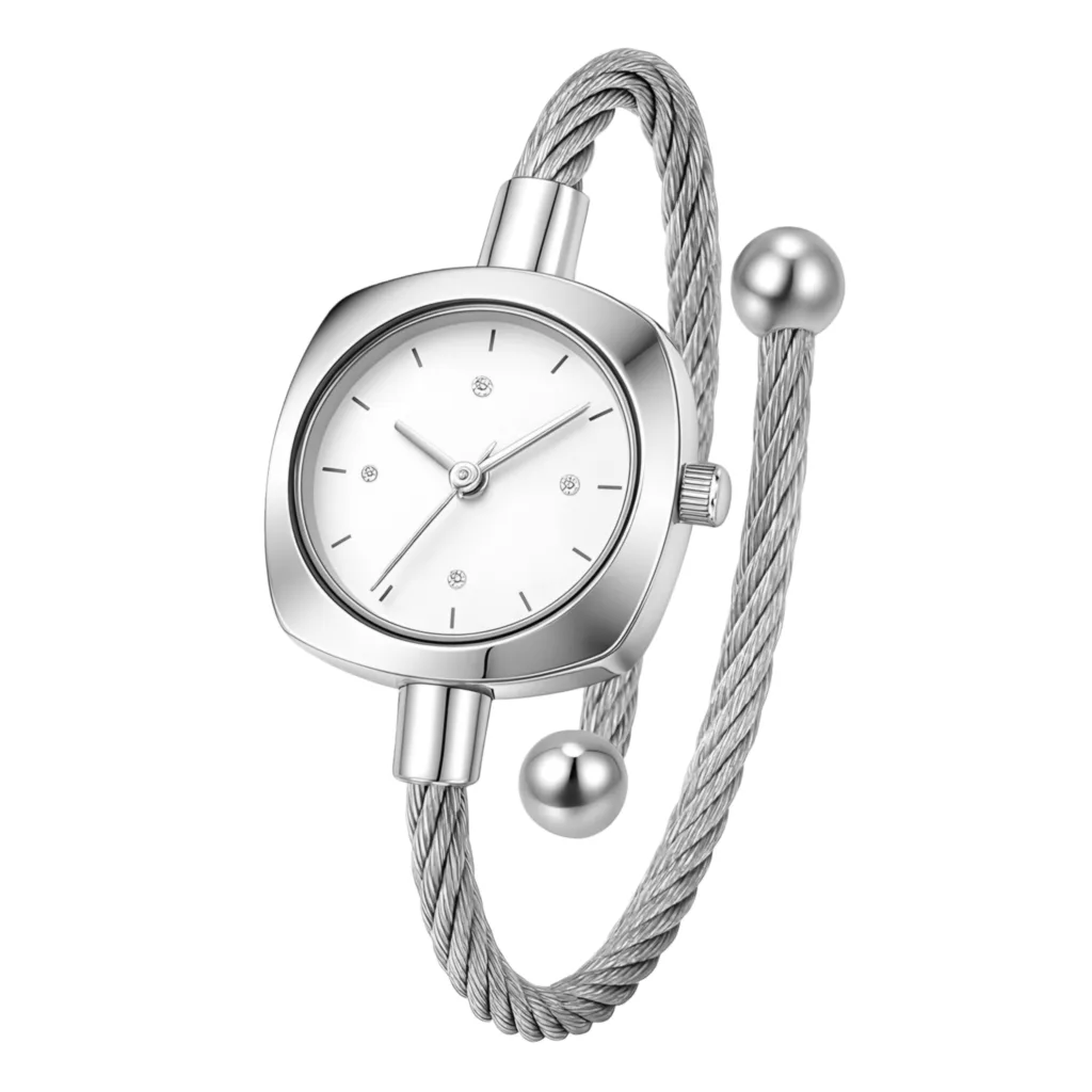 ساعت مچی عقربه‌ای کوارتز زنانه مدل لوکس مینیمال بند النگویی صفحه نگین دار کد ۵