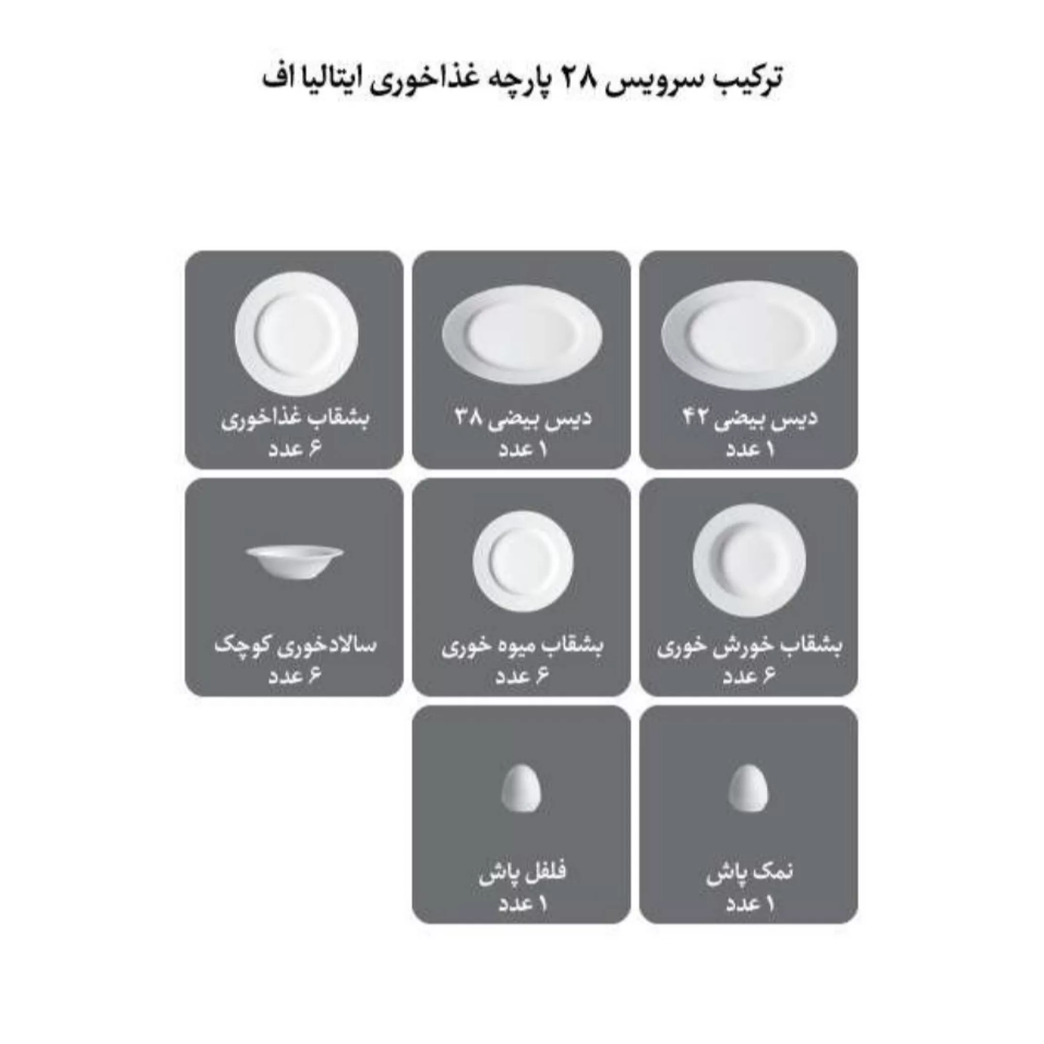 سرويس غذاخوری 28 پارچه چینی زرین ایران مدل ايتاليا اف کلارا کد 0128 درجه عالی