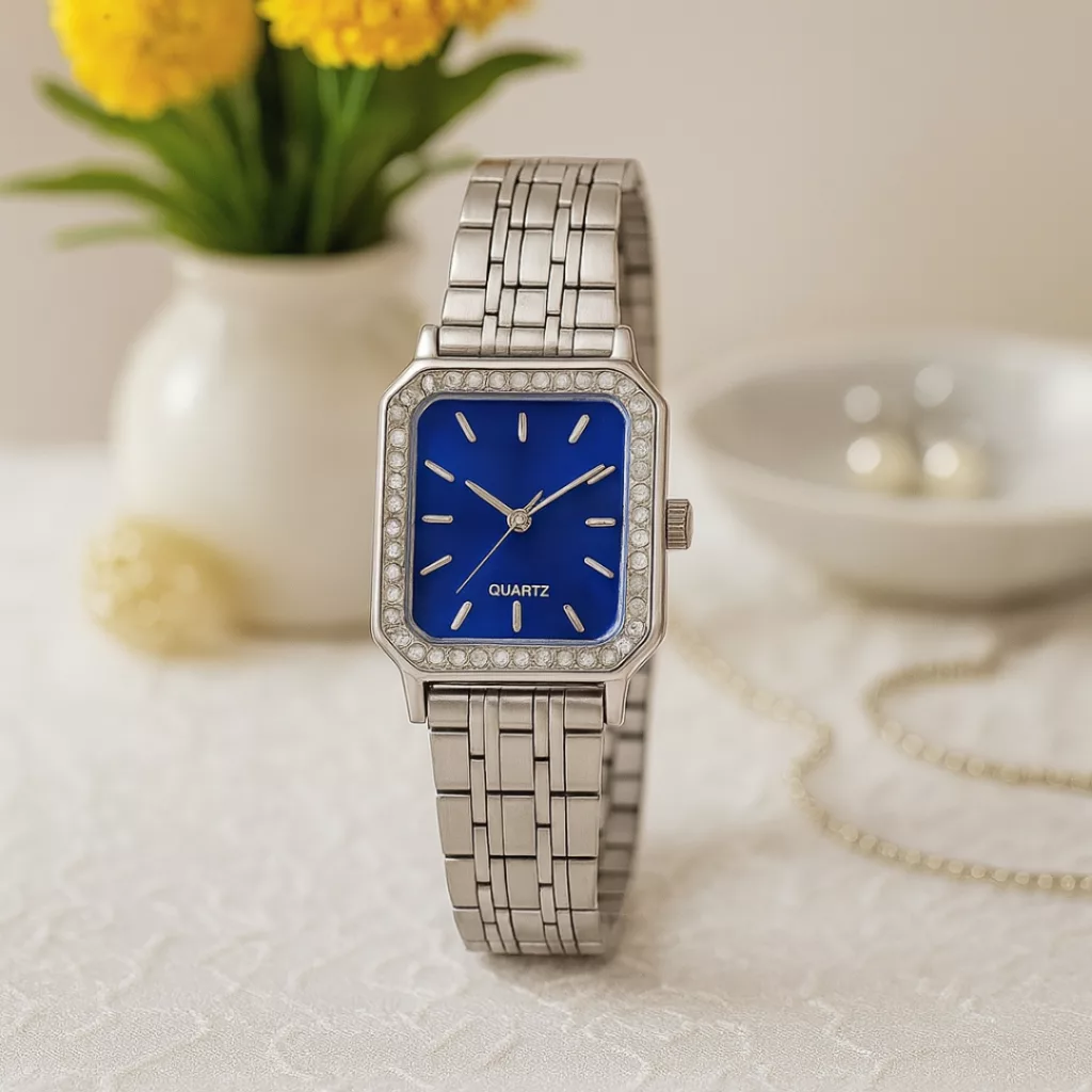 ساعت مچی عقربه‌ای کوارتز زنانه مدل لوکس کلاسیک بند طرح بافت قاب دور نگین کد ۳